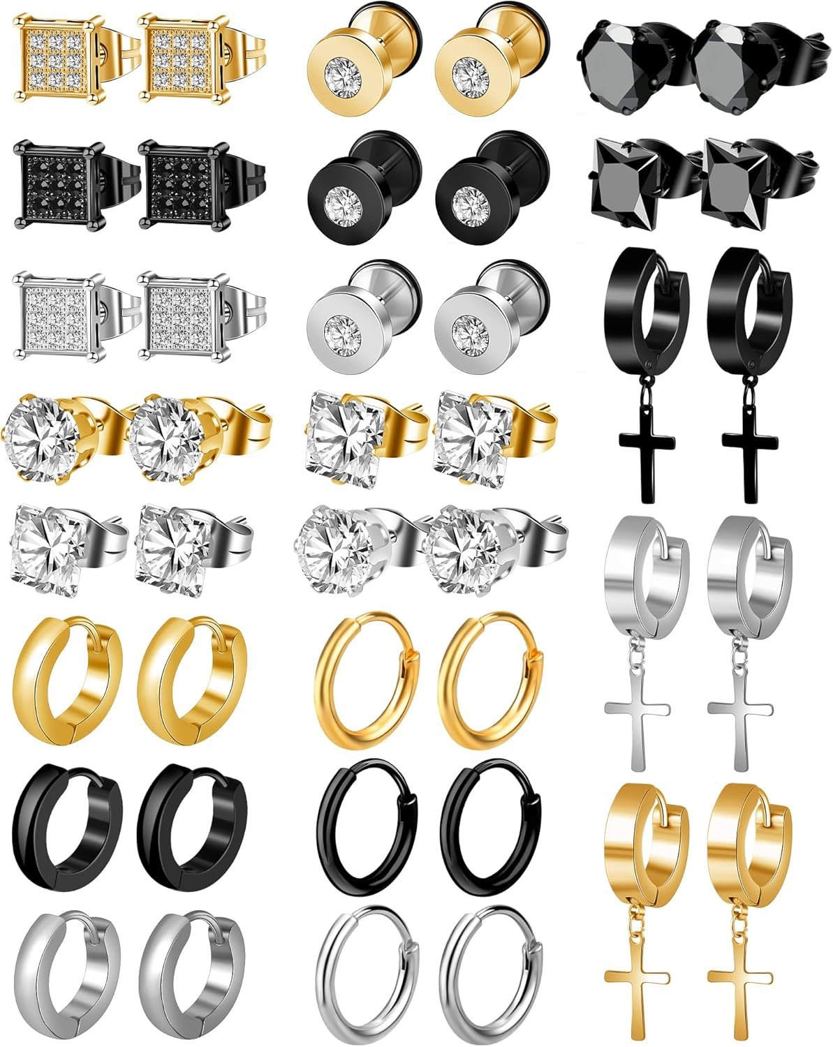 21 Pairs Stainless Steel Earrings for Men Inlaid Cross Dangle Hinged Earrings Hoop CZ Stud Hypoallergenic Earrings Earrings Set for Women Men Ear Piercing Jewelry Black Steel Gold