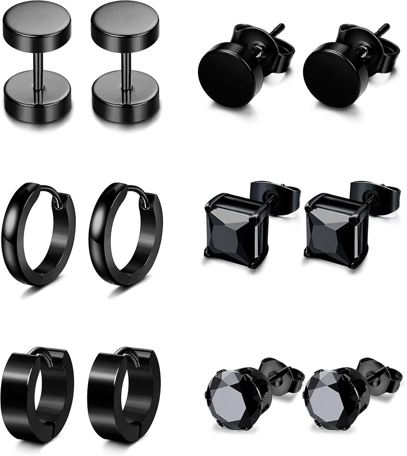 6 Pairs Stainless Steel CZ Stud Earrings for Women Mens Hoop Earrings Ear Piercing