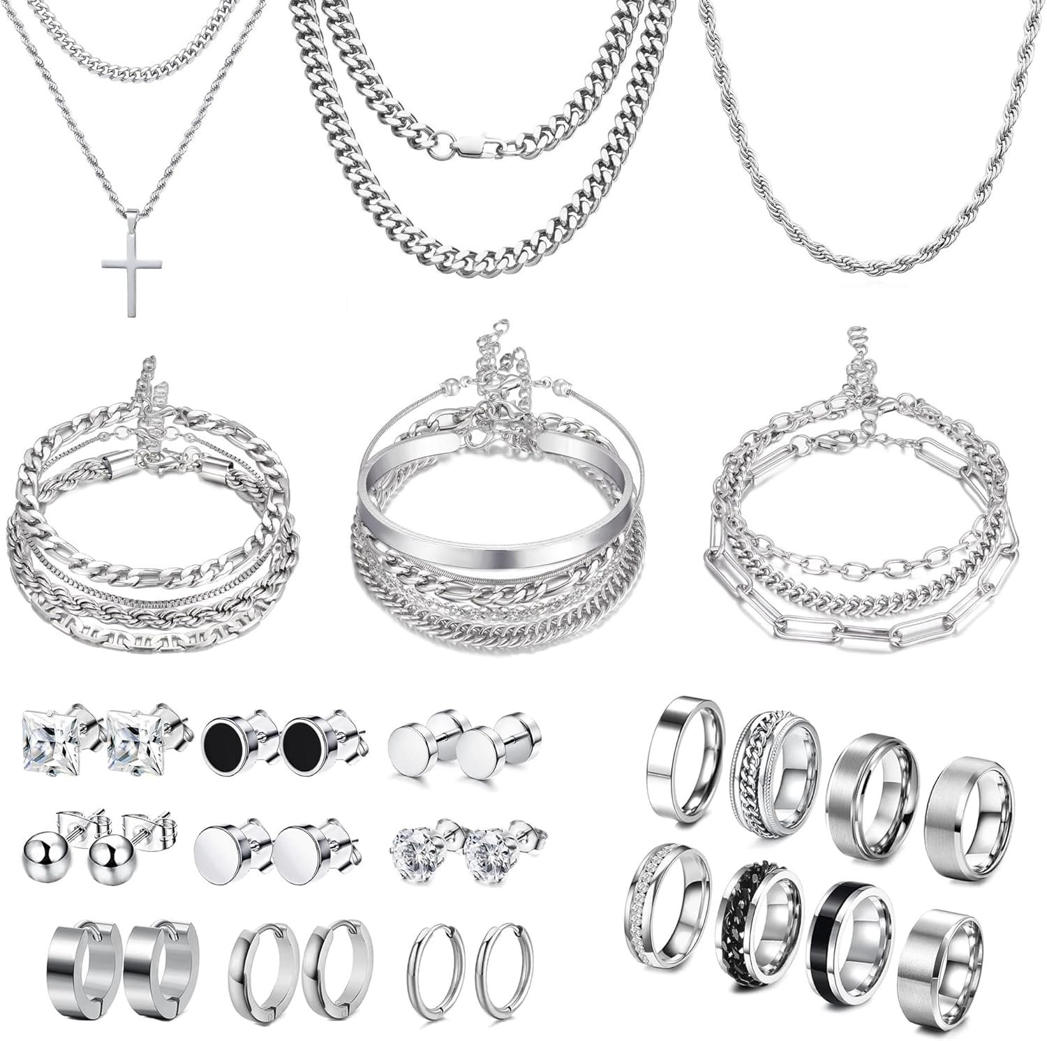 33 Pcs Silver Jewelry Set for Men Stainless Steel Band Ring Cuban Link Necklace Bracelet Hoop Stud Earrings Mens Jewelry Set