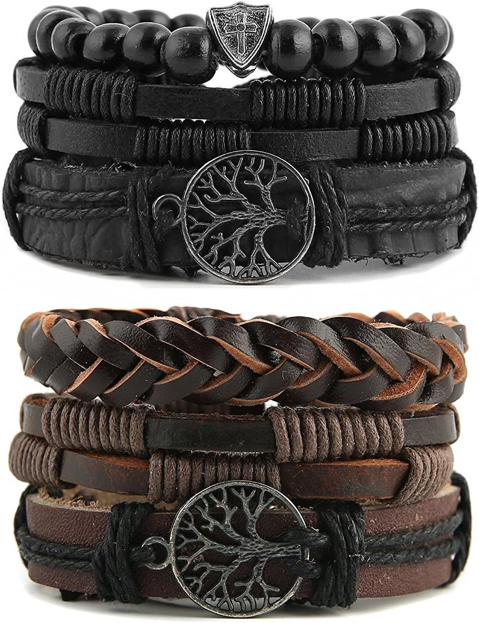 Genuine Leather Tree of life Bracelets Men Women, Tiger Eye Natural Stone Lava Rock Beads Ethnic Tribal Elastic Bracelets Wristbands