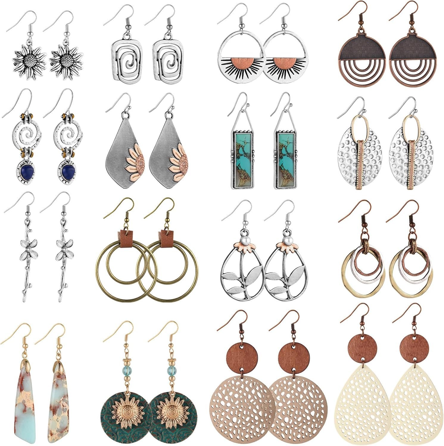 16 Pairs Earrings for Women Trendy, Boho Dangle Earrings for Women, Vintage Statement Sunflower Round Geometric Earrings Wooden Leather Earrings