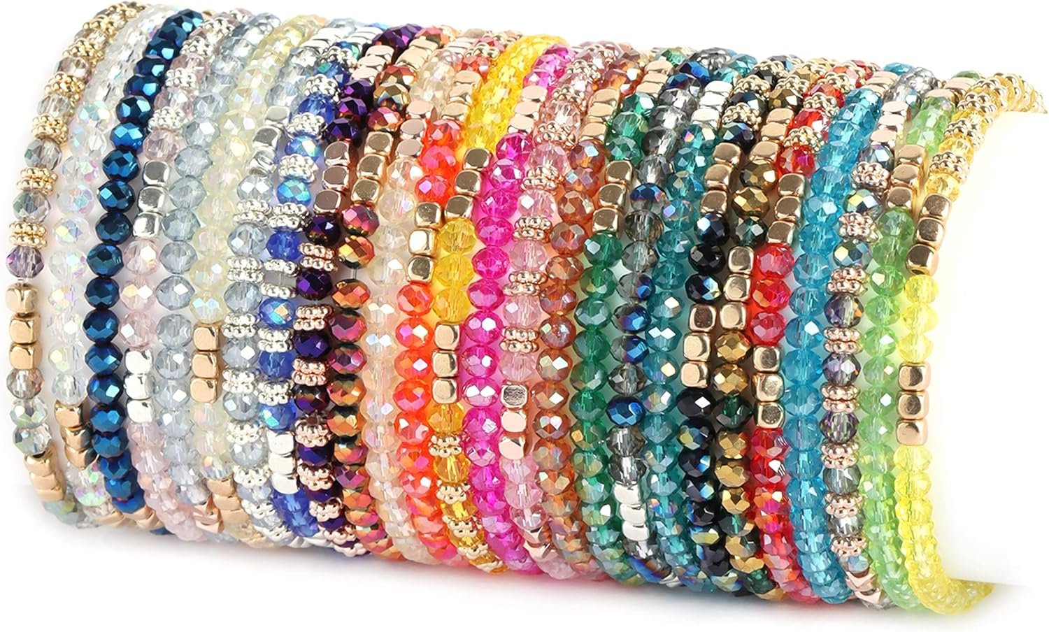 26Pcs Boho Beaded Bracelets for Women Colorful Stackable Sparkly Crystal Bea Bracelets Multi-Layer Versatile Statement Bracelets Stretch Cuff Jewelry Gifts