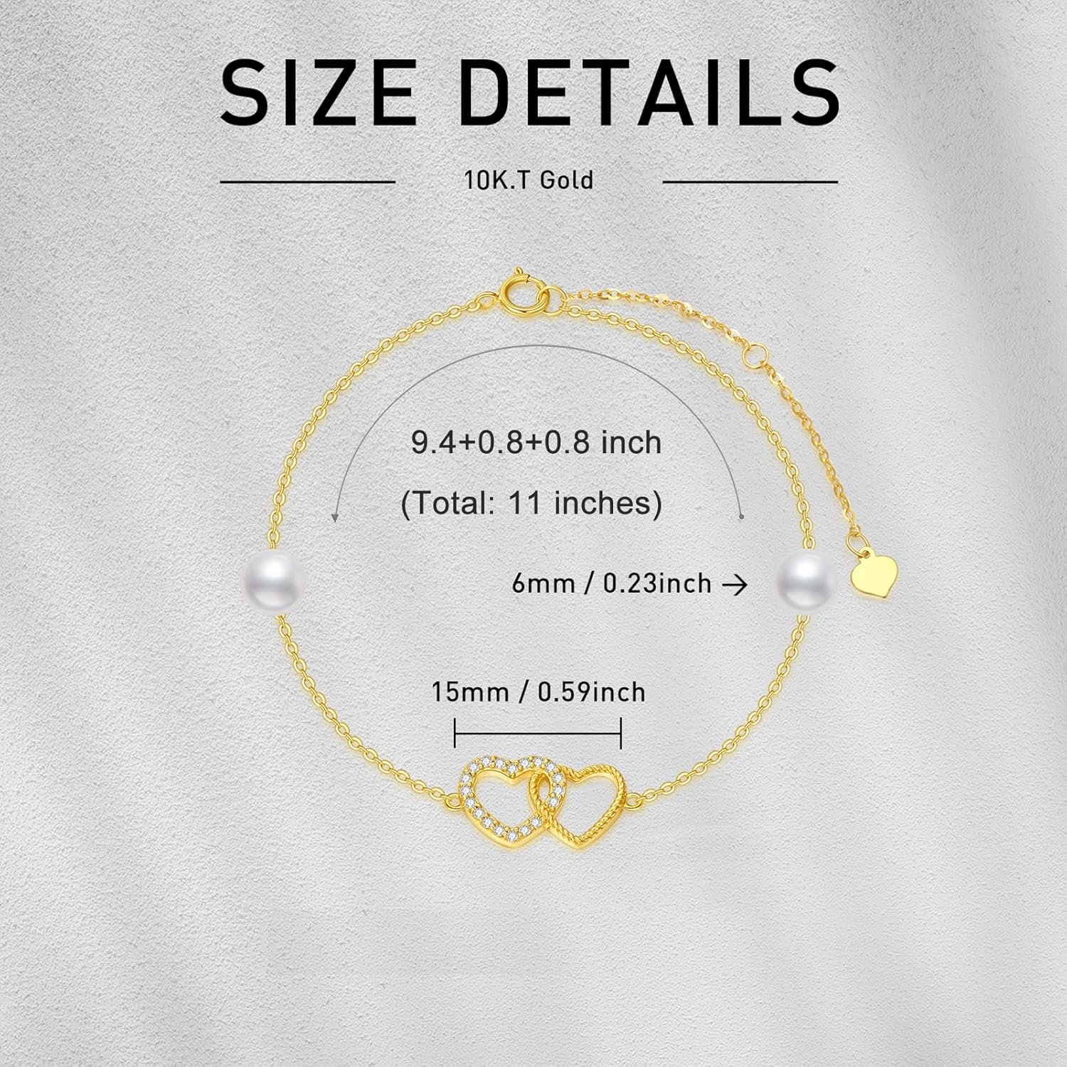 10k Gold Created Moissanite Double Heart Anklets for Women, love Ankle Bracelet Jewelry Gifts for Her, 9.4"+0.8"+0.8" - Image 2