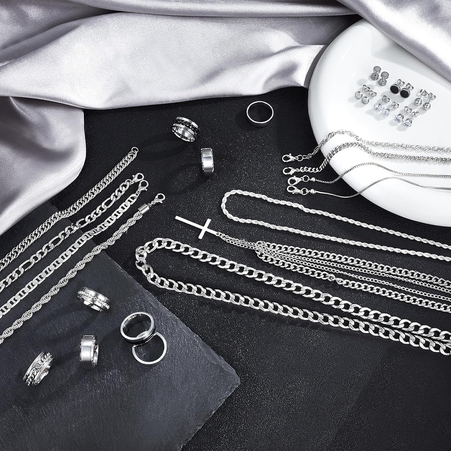 33 Pcs Silver Jewelry Set for Men Stainless Steel Band Ring Cuban Link Necklace Bracelet Hoop Stud Earrings Mens Jewelry Set - Image 2