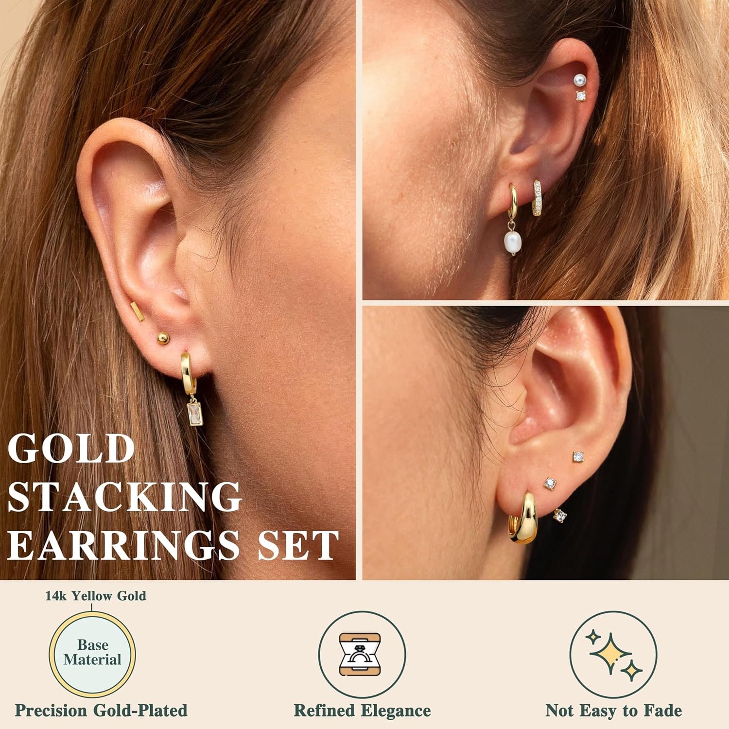 13 Pairs Small Gold Hoop Earrings Set for Women 14K Gold Plated Lightweight Hoops Hypoallergenic Pearl Dainty Stud Hoop Earrings for Gift - Image 2