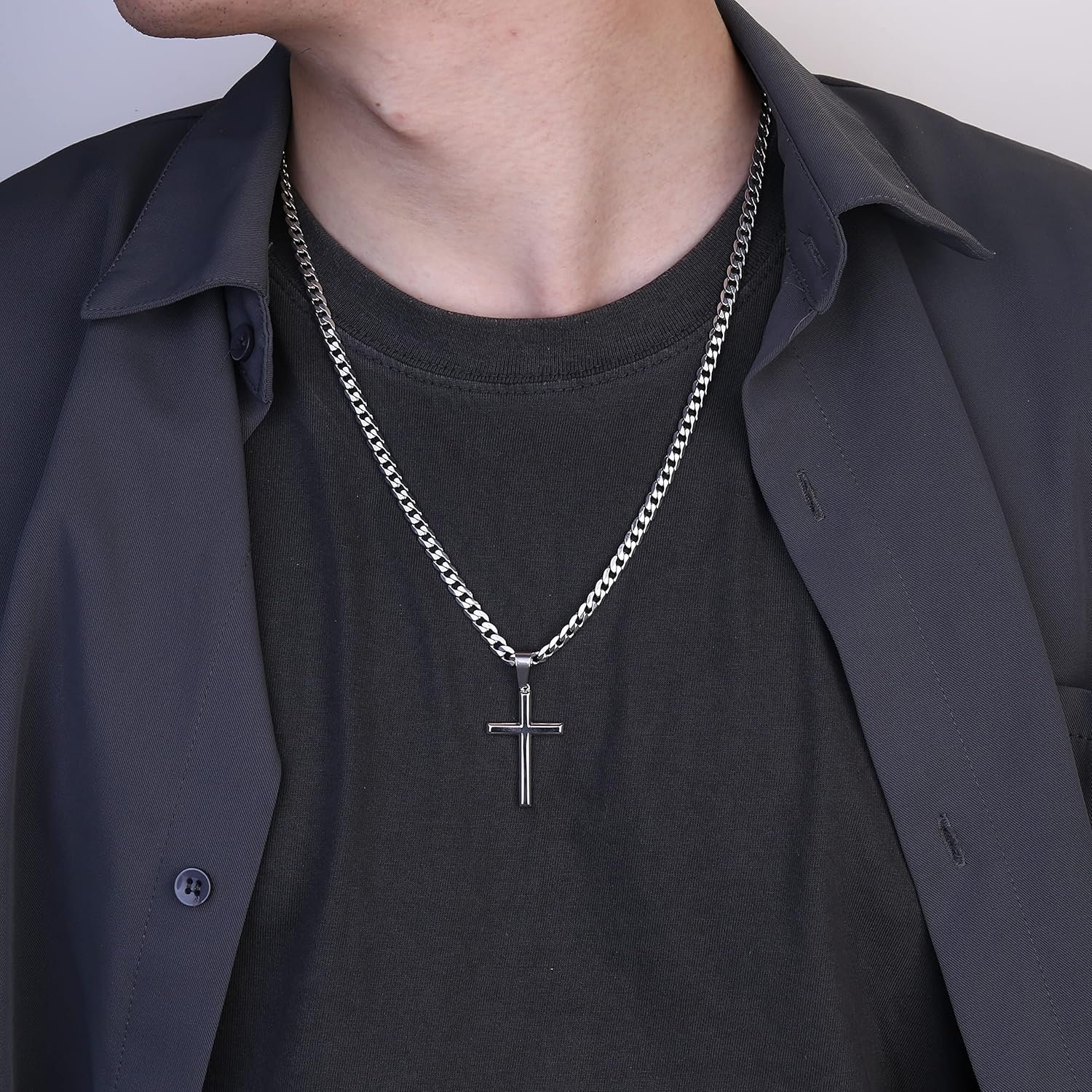 925 Sterling Silver Cross Necklace Beveled Edge for Men Women 5mm Stainless Steel Diamond Cut Durable Cuban Link Curb Chain Crucifix Pendant Necklace Jewelry 16-30 Inches - Image 2