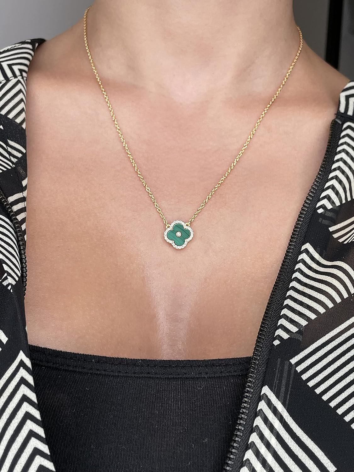 Malachite, Black Onyx or Mother of Pearl and Cubic Zirconia Flower Pendant Necklace for Women in 925 Sterling Silver with Gold Plating on 16 to 18 Inch Adjustable Chain Spring Ring - Image 2